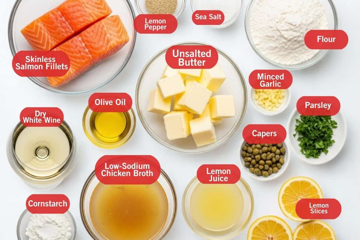 flat lay of skinless salmon fillets, lemon pepper, sea salt, flour, unsalted butter, minced garlic, parsley, dry white wine, olive oil, cornstarch, low-sodium chicken broth, lemon juice, parsley, capers, lemon slices for the salmon piccata