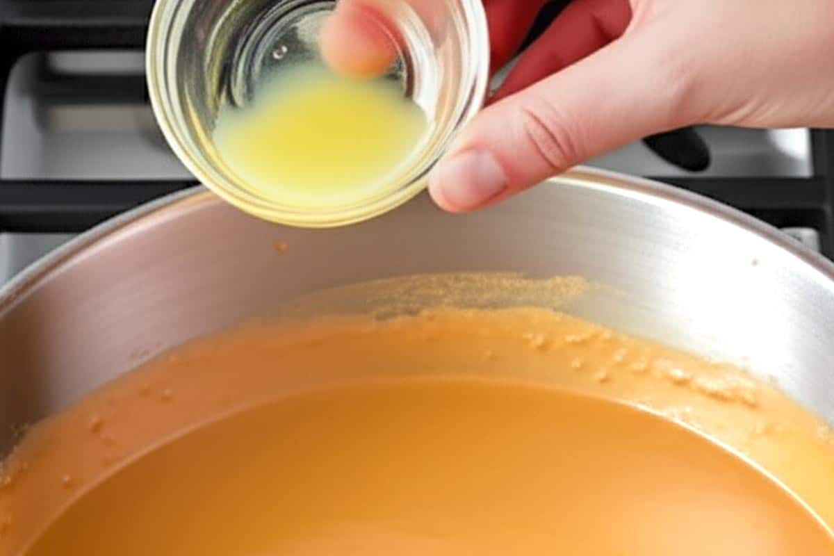Pouring in the lime juice to the sauce.