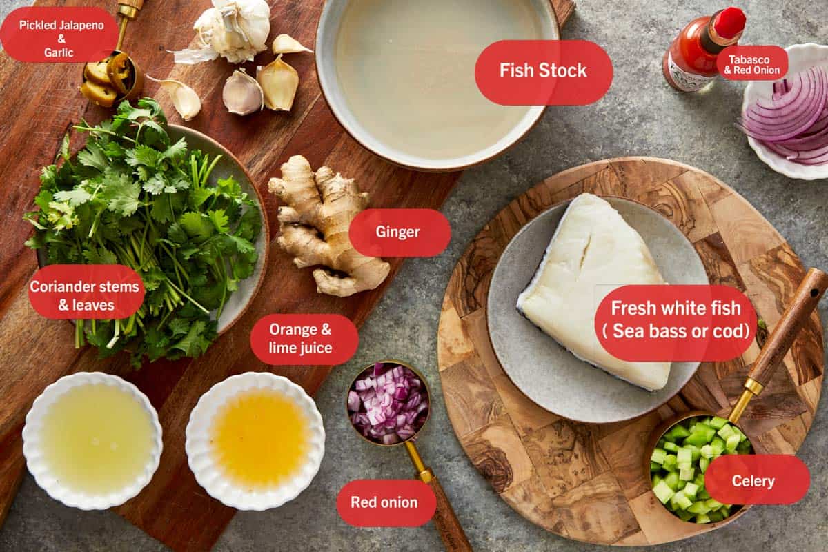 Ceviche ingredients arranged on a board with fish, vegetables, citrus, and stock.
