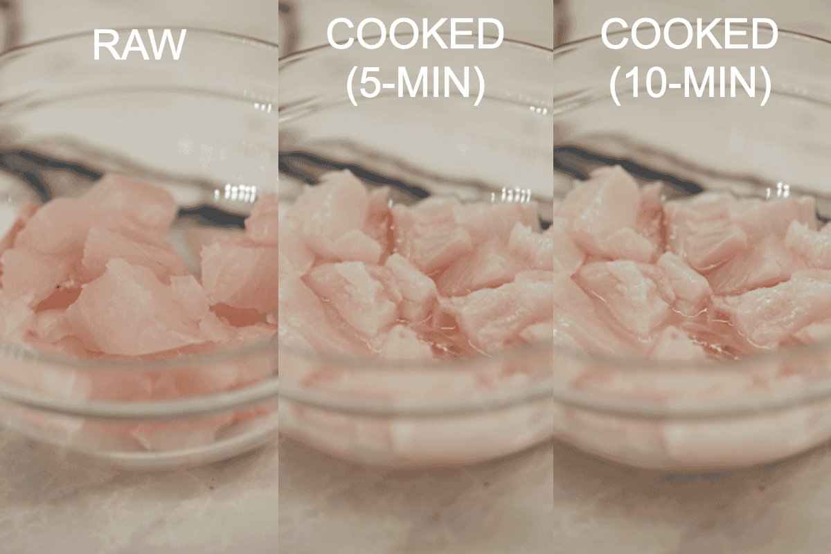 a side by side visual of raw fish followed by 5 minute cooked followed by 10 minute cooked