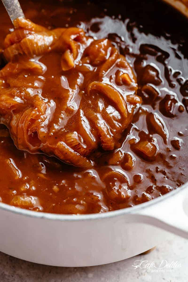 Ladle of French onion soup