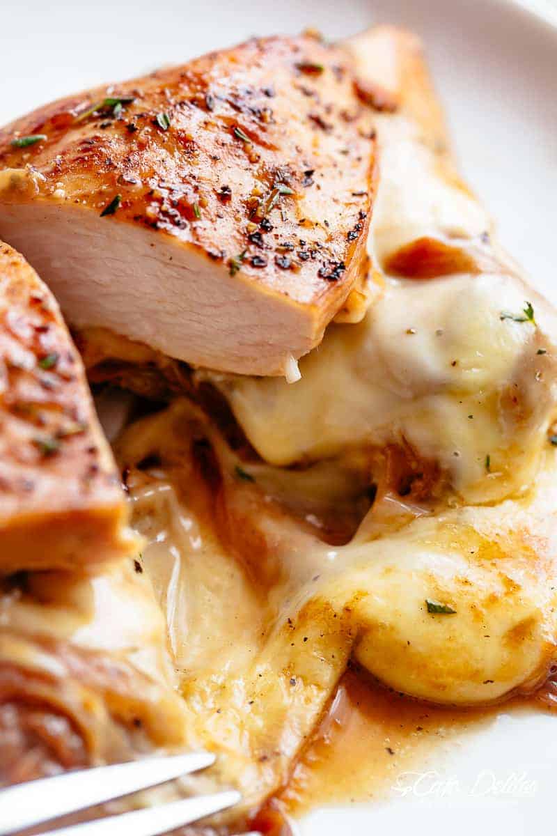 A piece of French Onion Stuffed Chicken Casserole