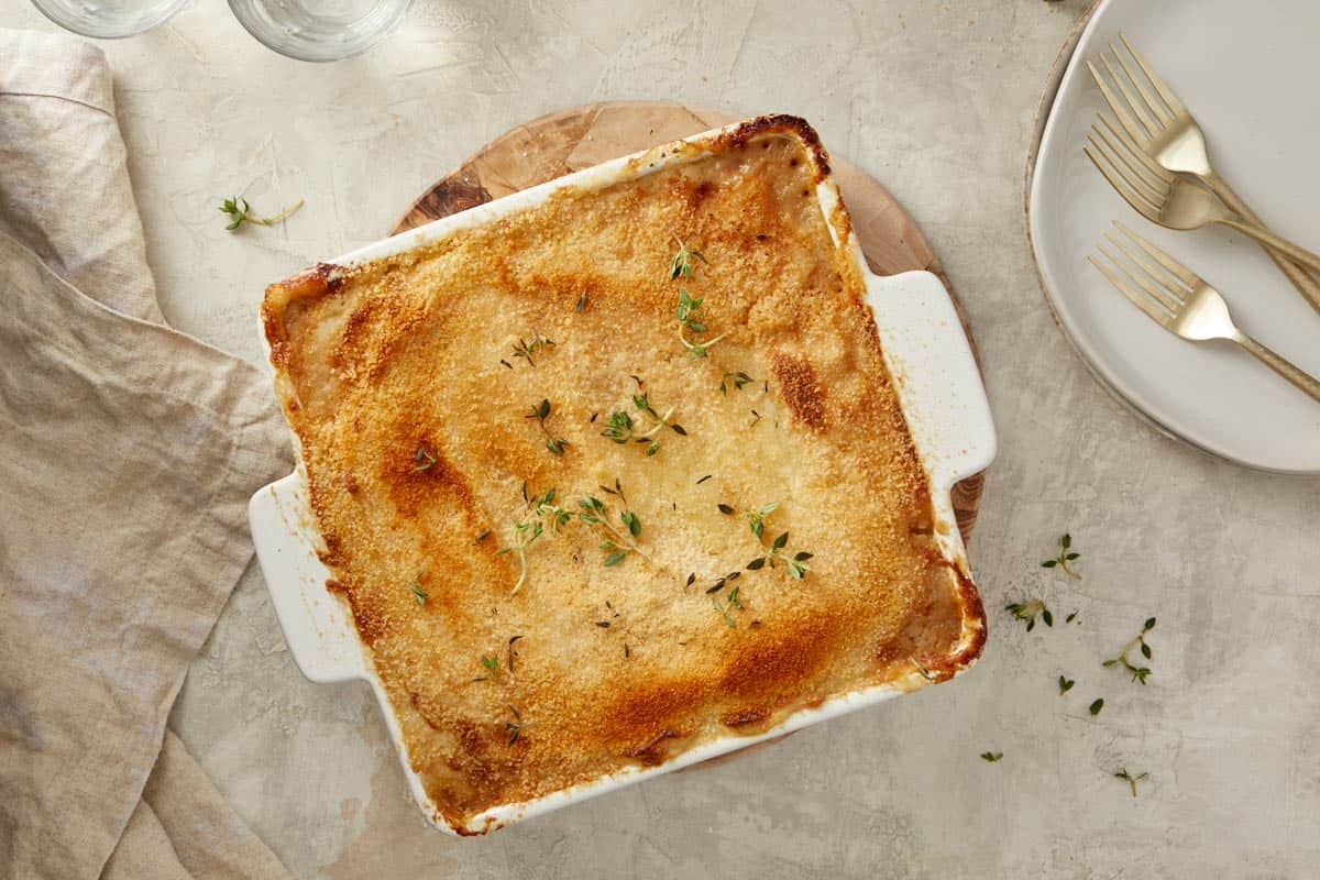 Shepherd's Pie baked until the potato top is crisp and golden.