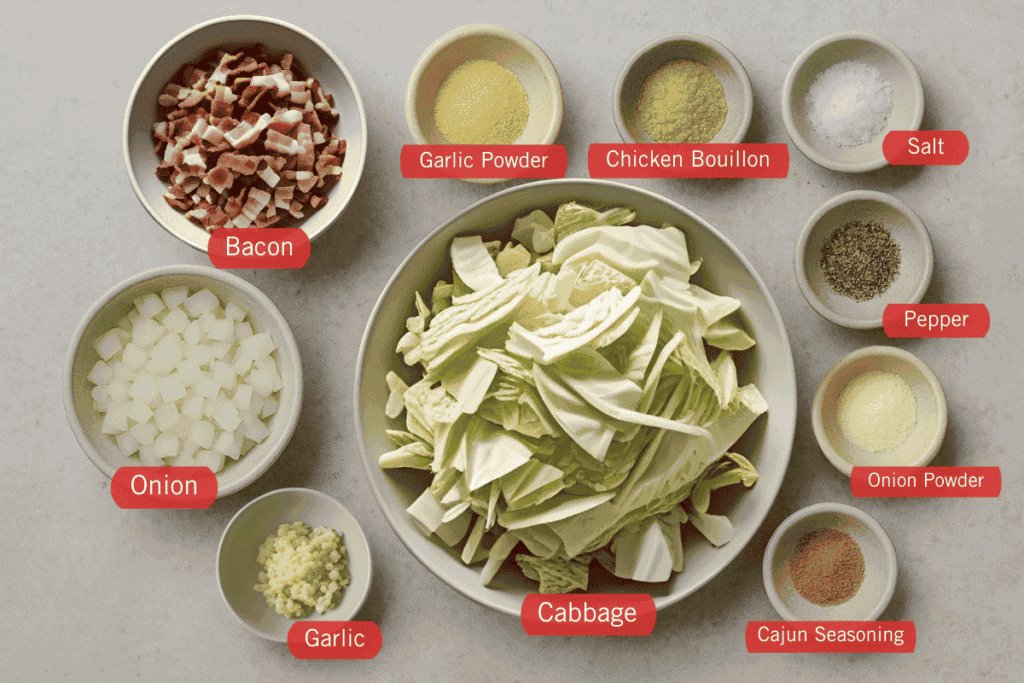 A photo of the ingredients: bacon, cabbage, onion, chicken bouillon, onion powder, salt, pepper, garlic, cajun seasoning and garlic powder