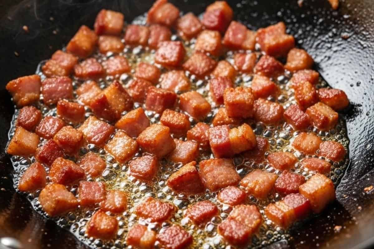 fry the diced bacon until crisp in a wok over medium-high heat