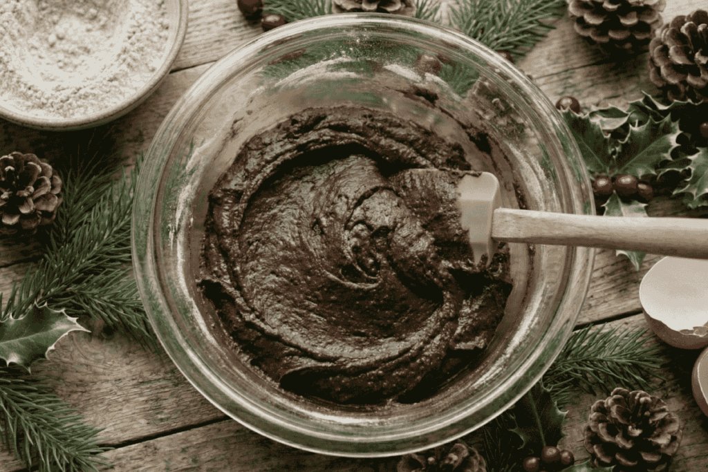 a top down view of a glass bowl with a thicker brown substance being mixed with a wooden spoon
