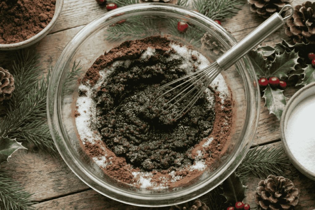 a top down view of a glass bowl with a metal whisk in the bowl turning ingredients into a dark brown goo.