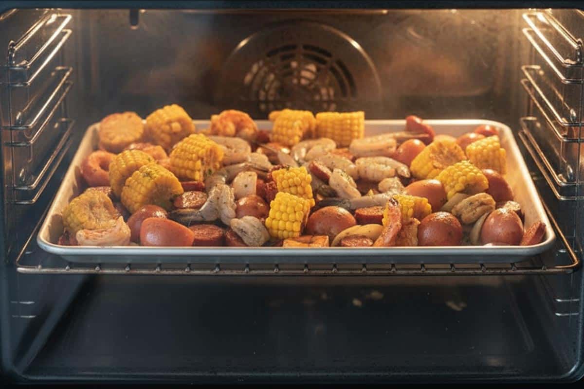 Baking the vegetables, shrimp and sliced sausage on a tray.
