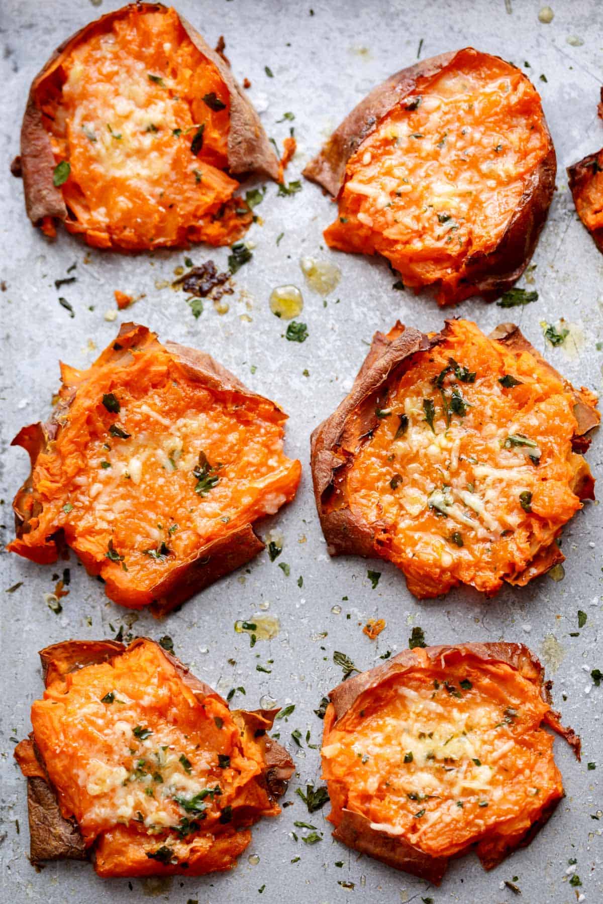 Garlic Butter Smashed Sweet Potatoes, plus Parmesan