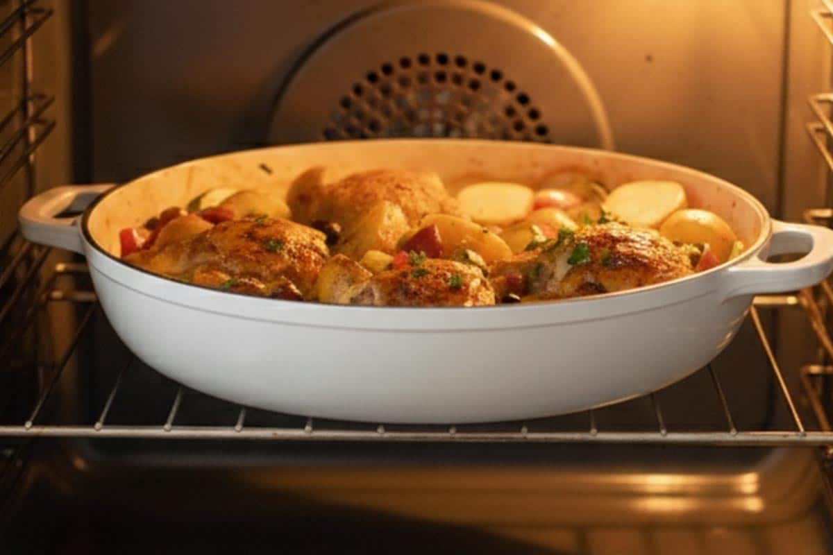 Uncovered the pan and cook until chicken skin and potatoes are crisp and golden.