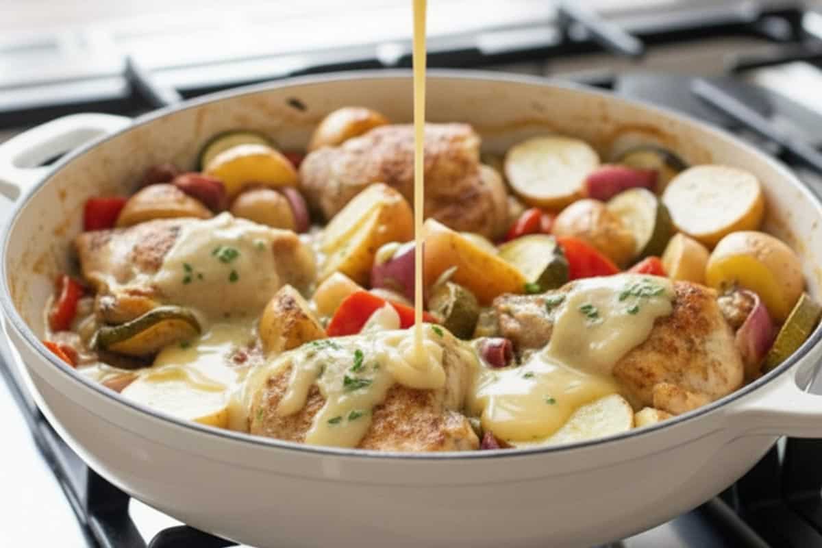 Vegetables placed around the chicken and pouring the reserved marinade on top.