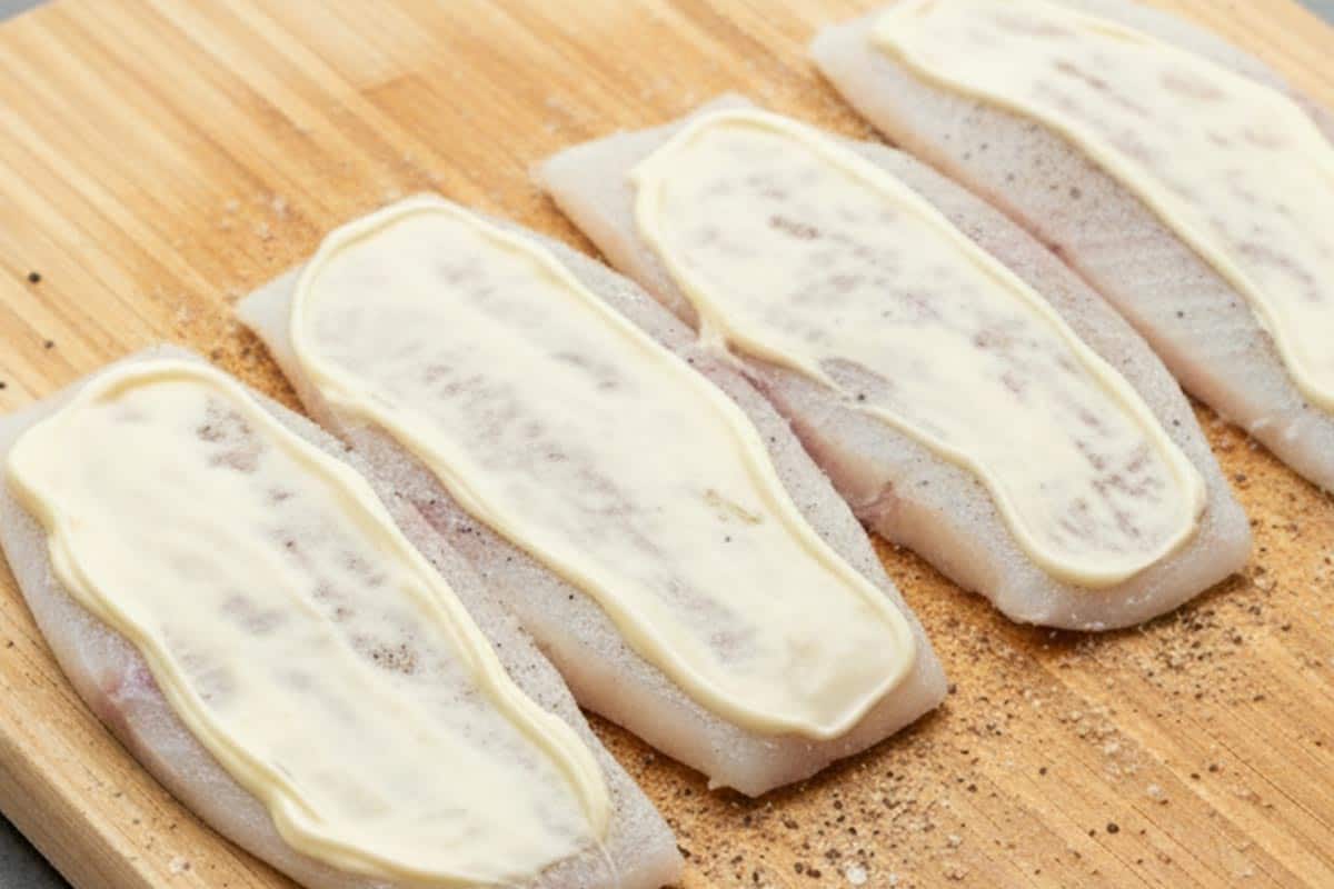 Mayonnaise spreaded over the top of each fillet.