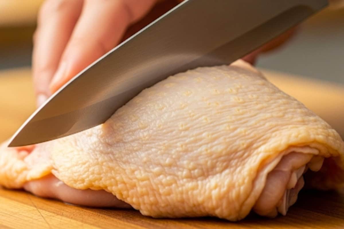 Pierce each chicken thigh all over with the tip of a sharp knife.