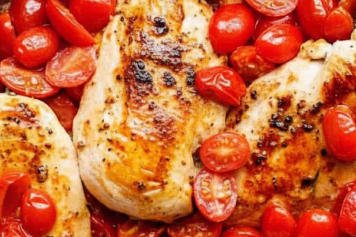 Return the chicken to the skillet and spoon the tomato and garlic mixture over the top.