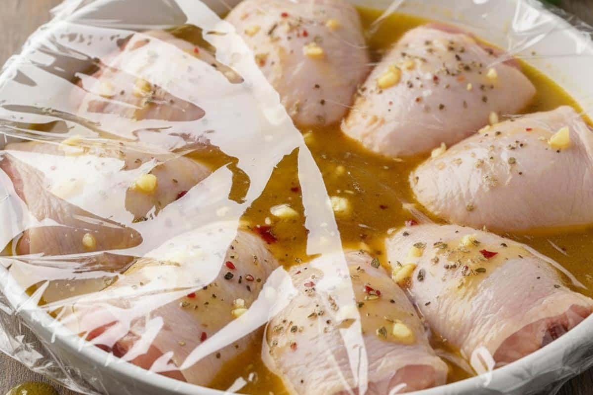 Chicken thighs in a dish with marinade covered with plastic.