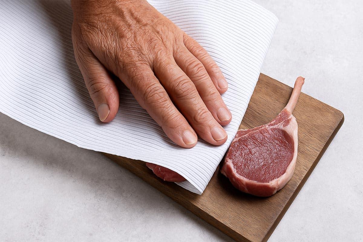 Hand pressing a paper towel over a raw lamb chop on a wooden cutting board, set on a light stone background.