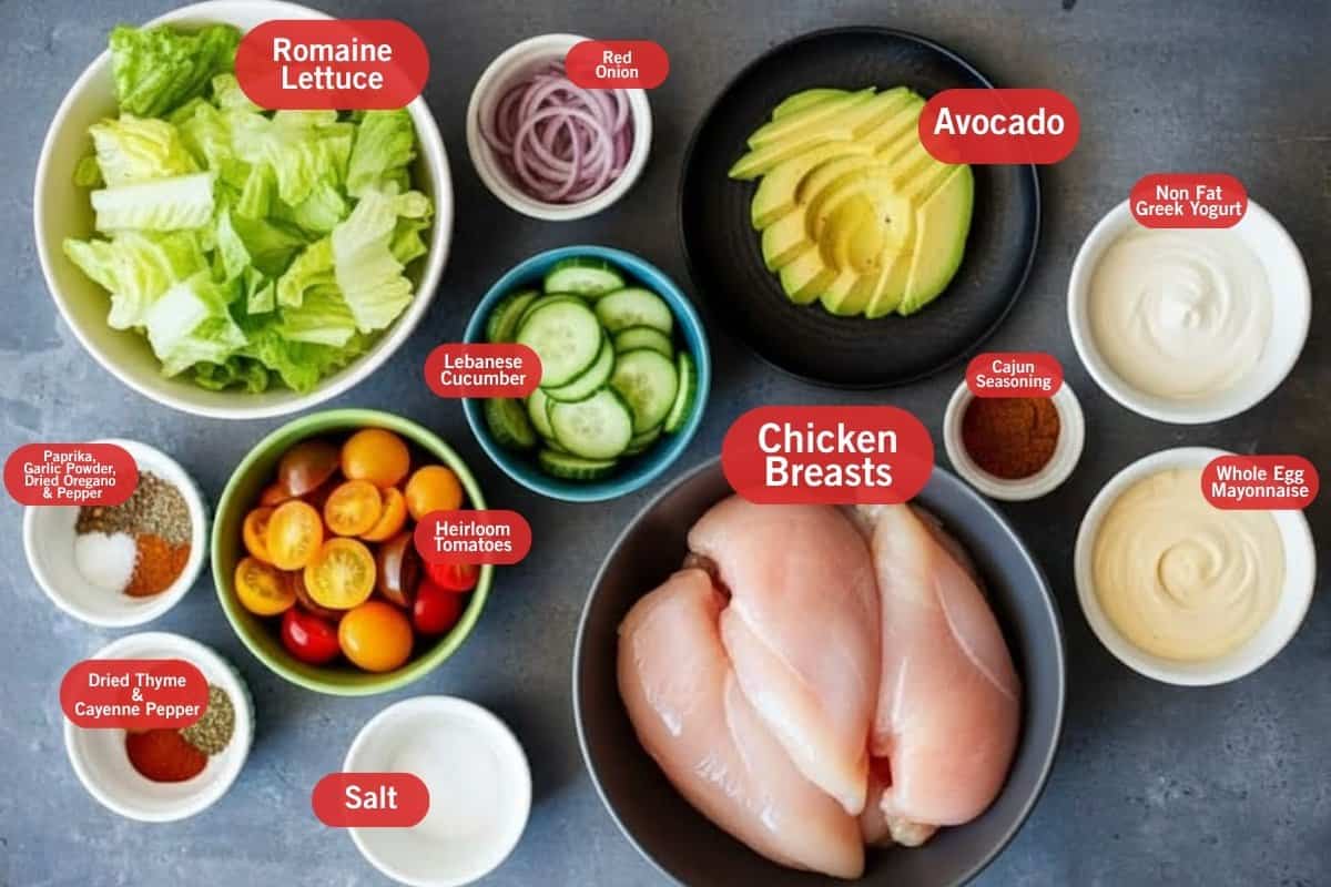 Flat lay of ingredient shot of romaine lettuce, red onion, avocado, non fat greek yogurt, cajun seasoning, whole egg mayonnaise, boneless chicken breast, salt, heirloom tomatoes, Lebanese cucumber, paprika, garlic powder, dried oregano, and pepper, dried thyme, and cayenne pepper, salt