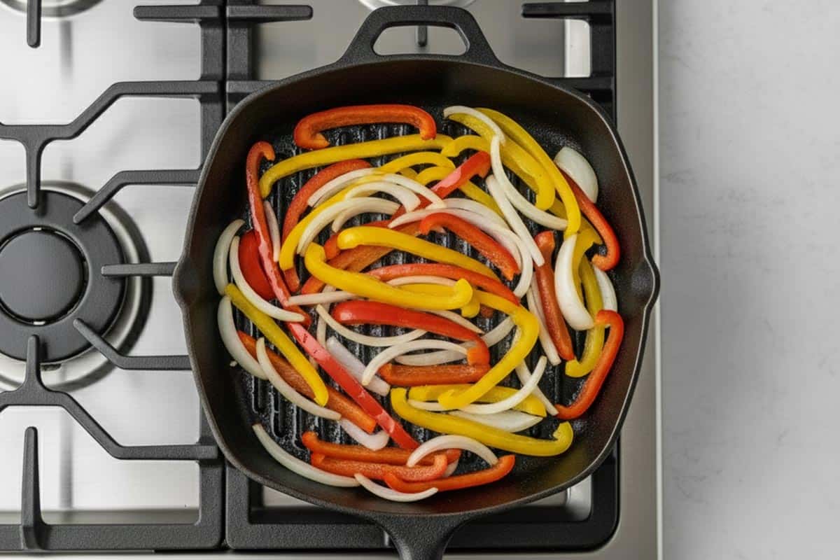 Frying the pepper and onion strips.