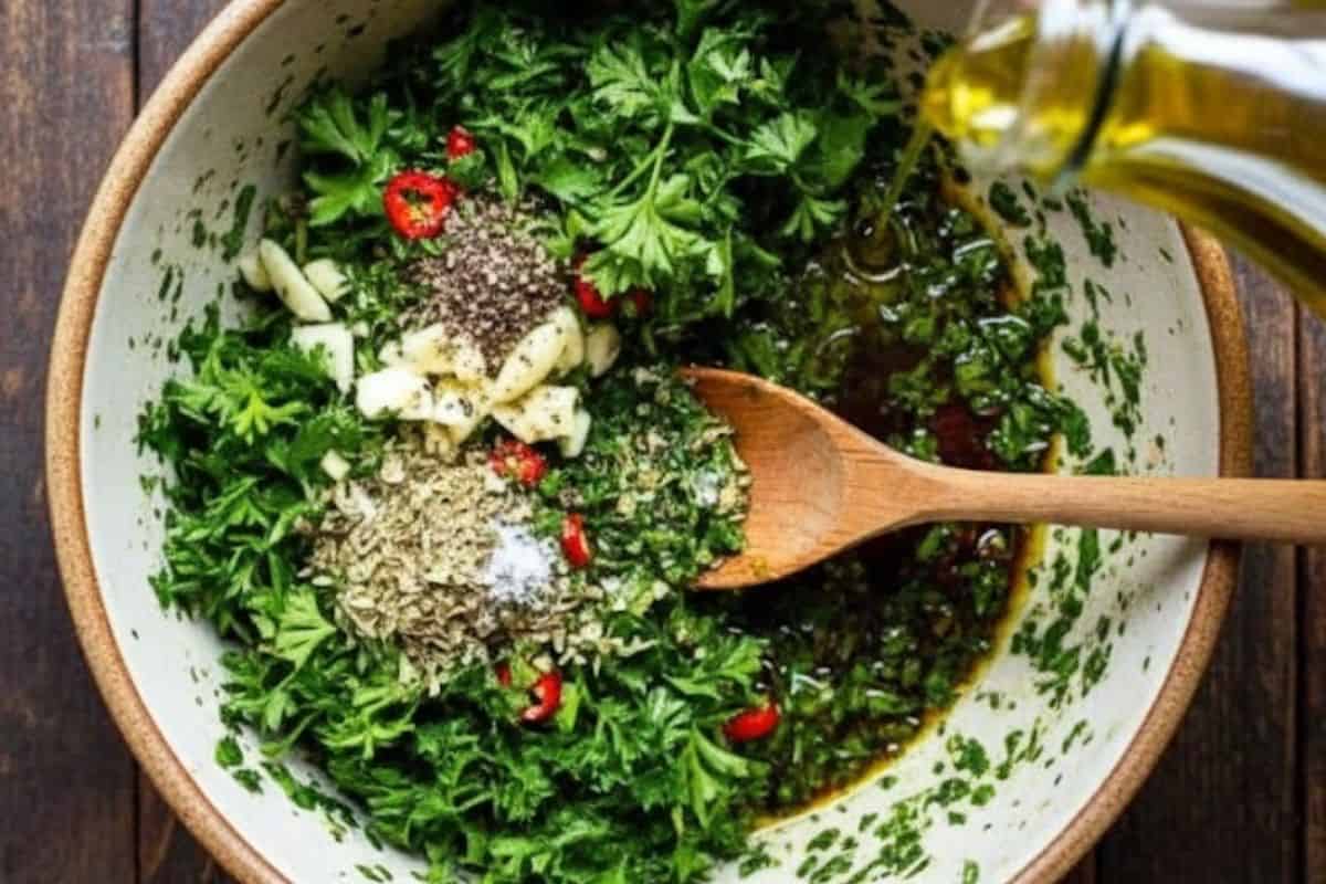 Combine olive oil, red wine vinegar, parsley, garlic, chilies, oregano, salt, and pepper in a bowl.