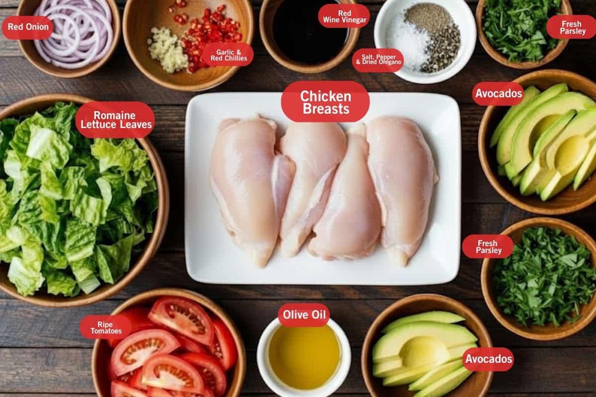 Flat lay photo of ingredient shoot of red onion, garlic and red chillies, red wine vinegar, salt,pepper and dried oregano, fresh parsley, avocados, olive oil, chicken breast, ripe tomatoes, romaine lettuce leaves