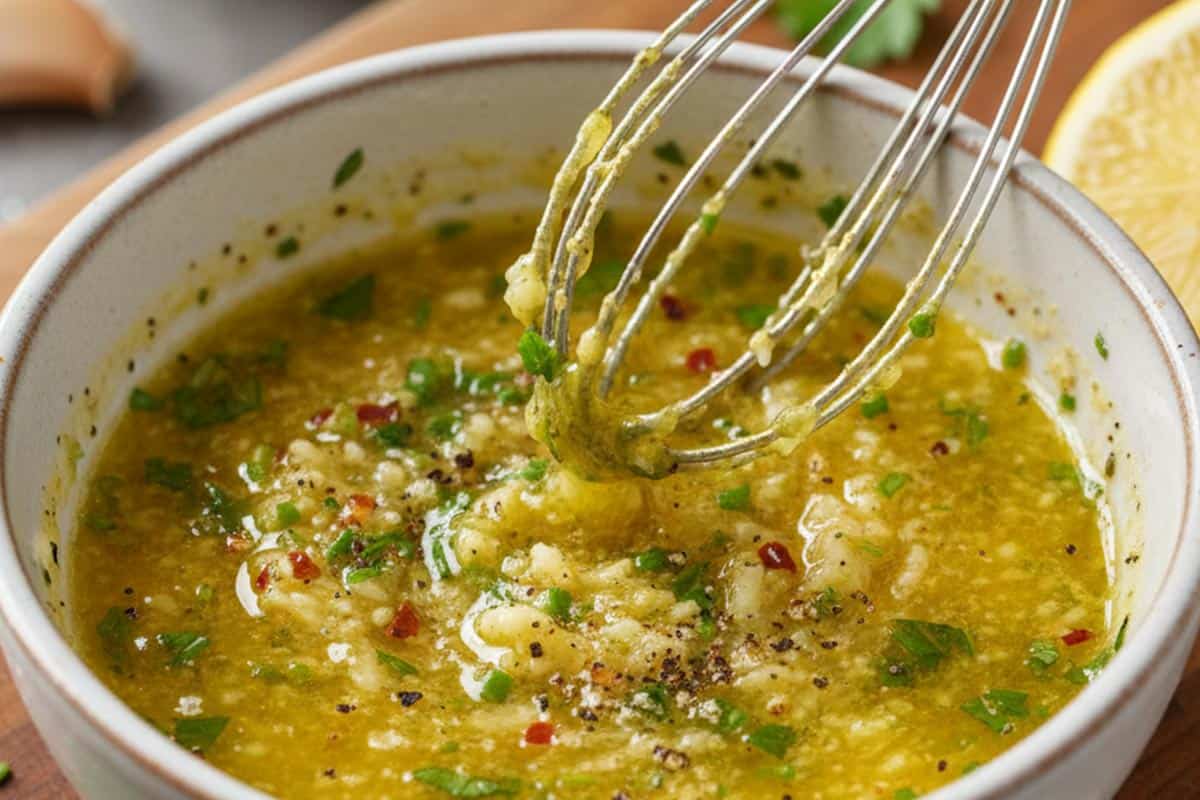 Mixed melted butter, lemon juice, garlic, parsley, chives, salt, pepper, and red pepper flakes in a bowl.
