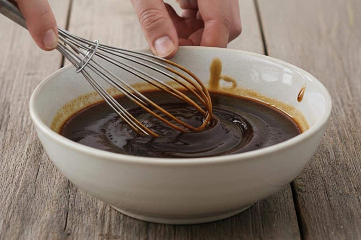 Whisking the soy sauces, oyster sauce, hoisin, cooking wine, sesame oil and sugar in a bowl.