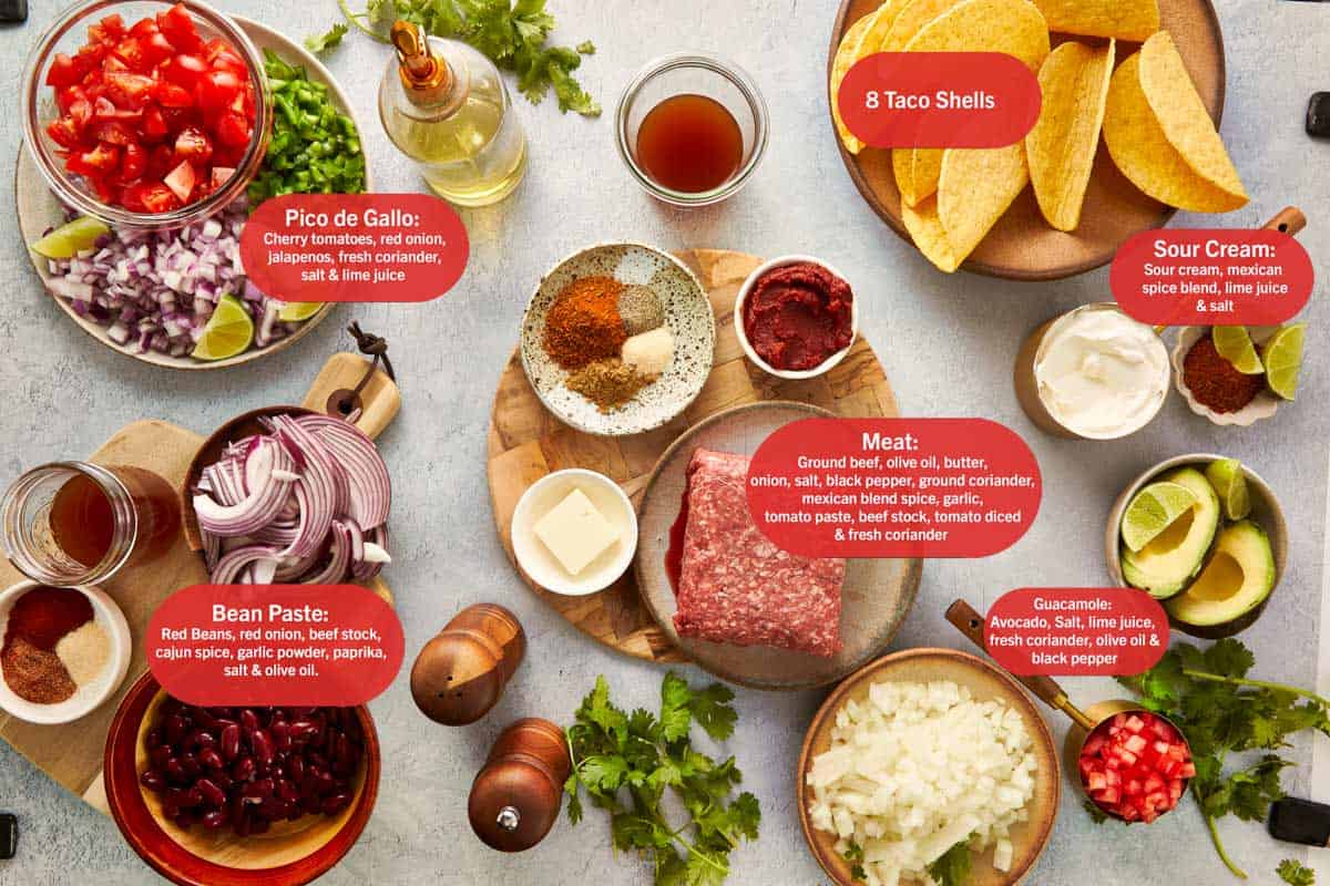 Beef taco ingredients on a table.