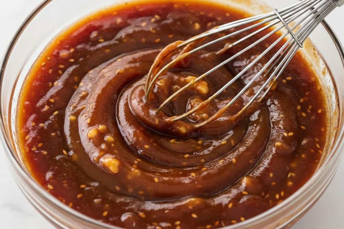 Stirring the barbecue sauce, soy sauce, pineapple juice, vinegar, garlic and sesame oil in a bowl.