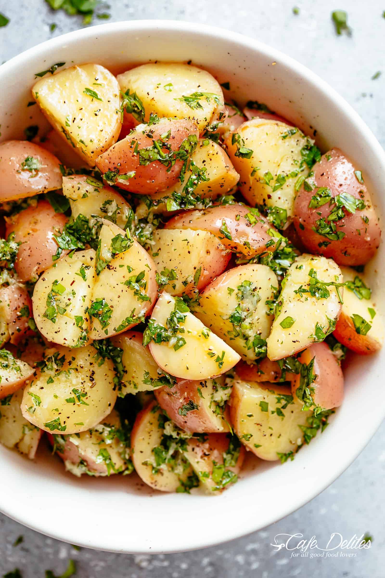 Garlicky Herb Red Potato Salad is ridiculously easy to make and packed with flavor in a bowl
