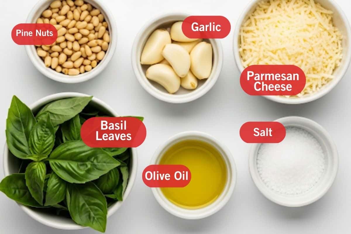 Flat lay photo of ingredient shot of pine nuts, garlic, parmesan cheese, basil leaves, olive oil, salt