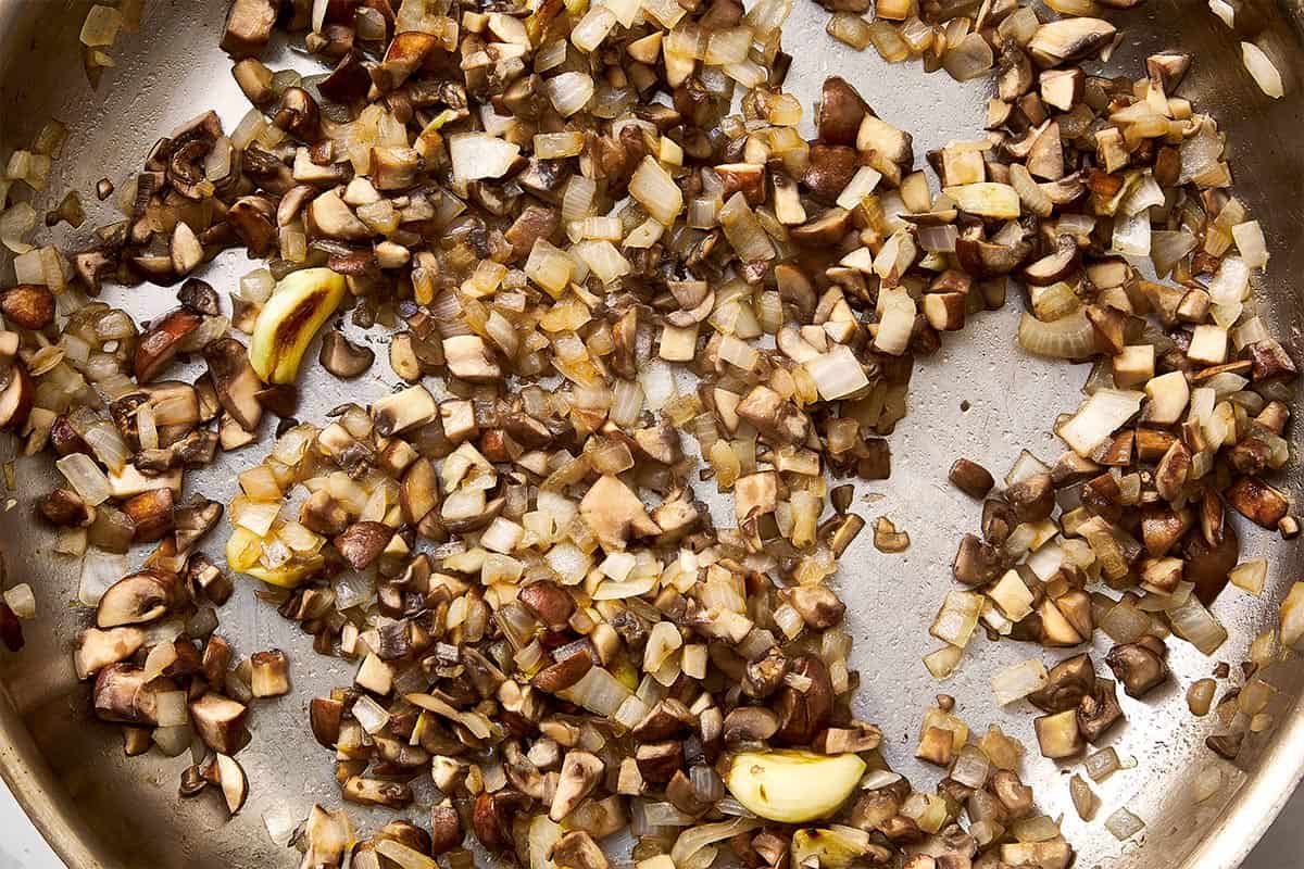 mushrooms, onion and garlic seared in a pan