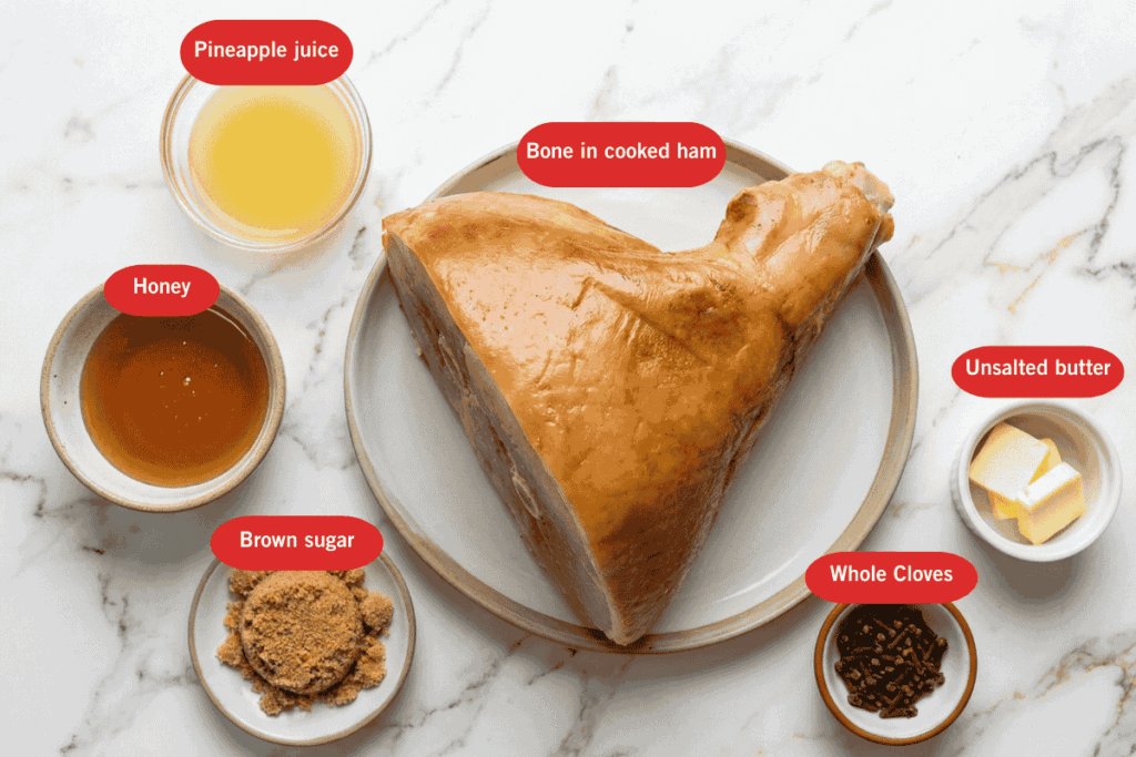 A top down view of all the ingredients needed to make honey baked ham in bowls and plates with a large bone in ham in the middle