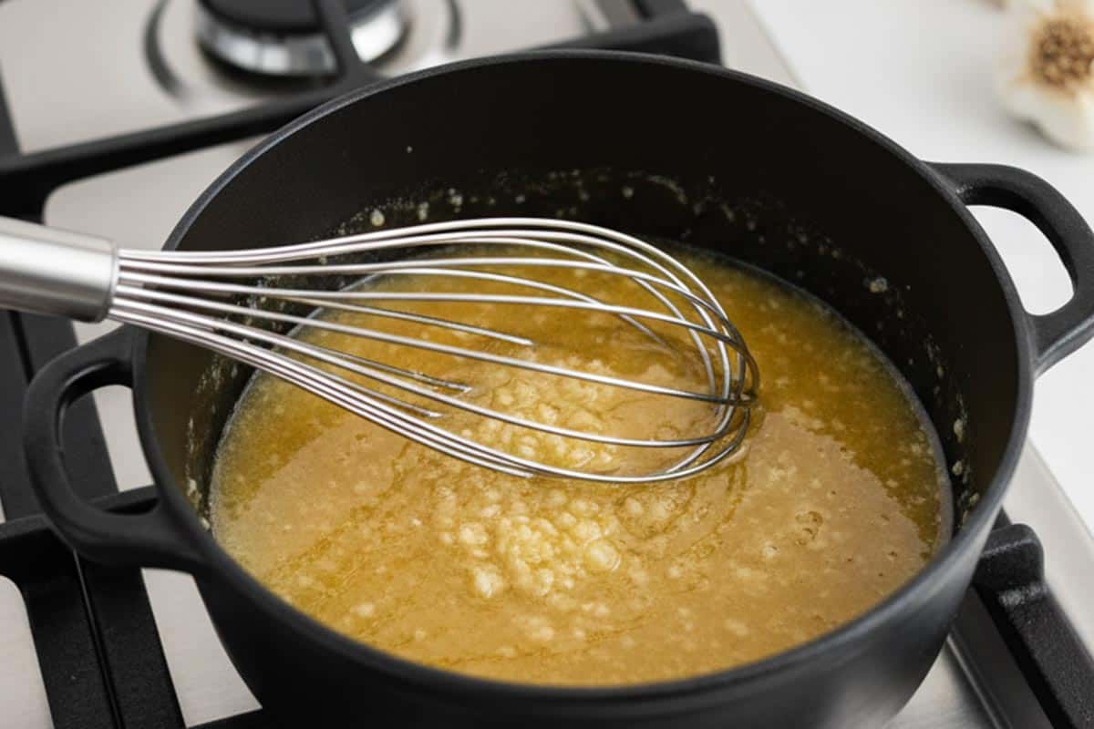 Whisked honey, crushed garlic, and lemon juice, with melted butter in a small saucepan.