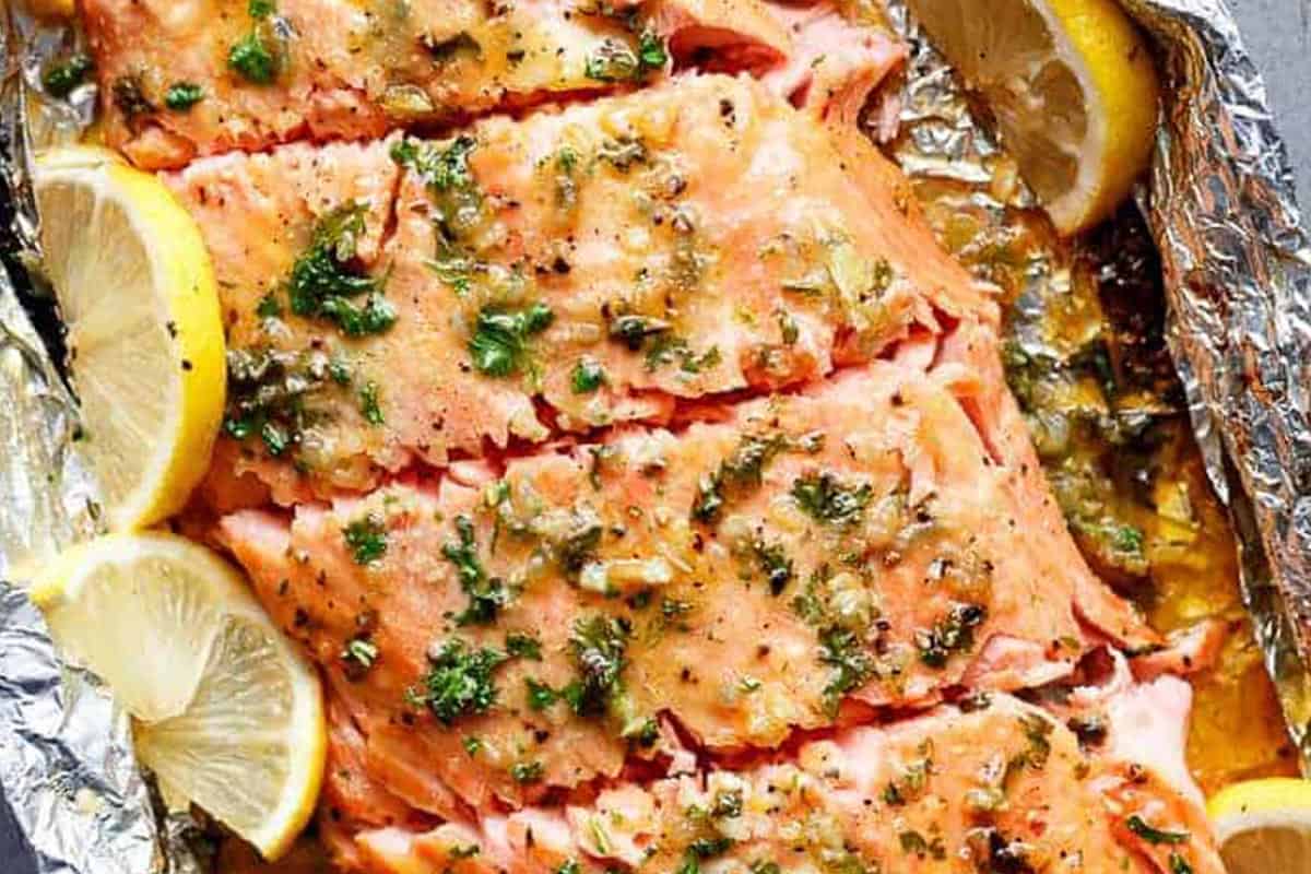 Close-up shot of Honey Garlic Butter Salmon In Foil.