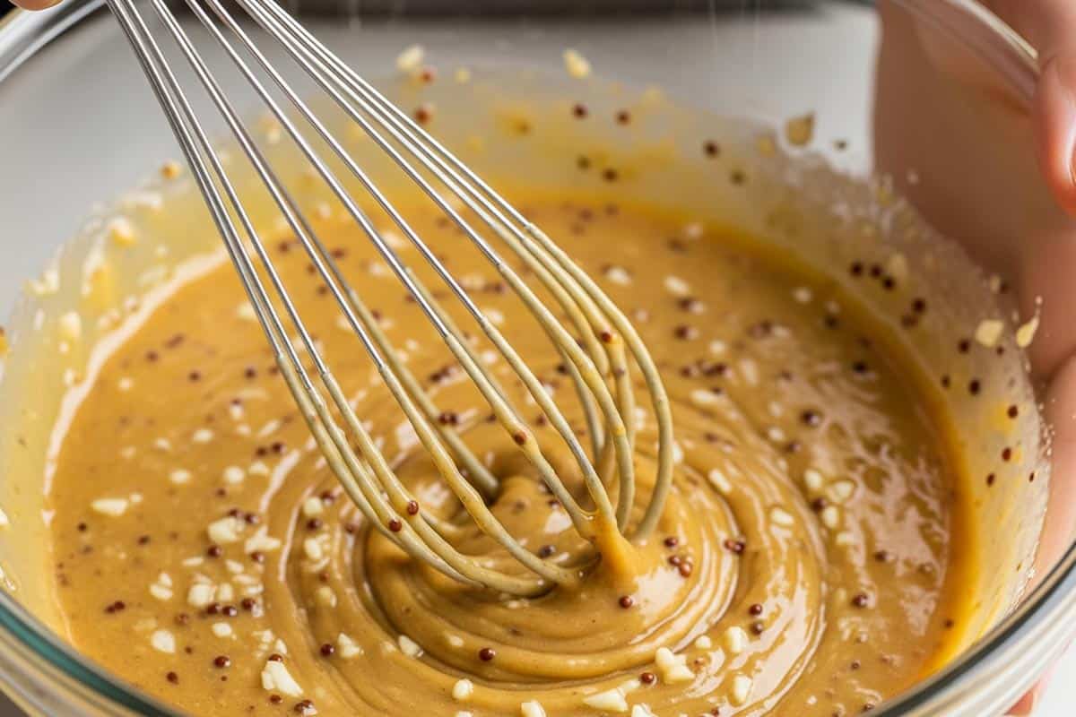 Honey, whole grain mustard, Dijon, olive oil, vinegar, garlic, and salt whisked in a bowl.