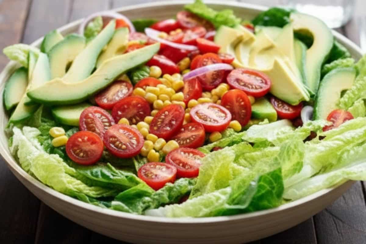 Arranged the veggies in a platter: romaine, tomatoes, avocado, corn, and onion.