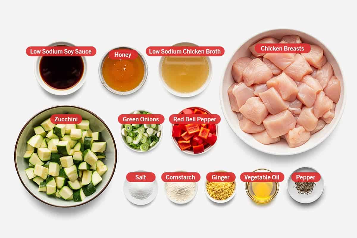 Top shot of ingredients: Low sodium soy sauce, honey, low sodium chicken broth, chicken breasts, zucchini, green onion, red bell pepper, salt, cornstarch, ginger, vegetable oil, and pepper.
