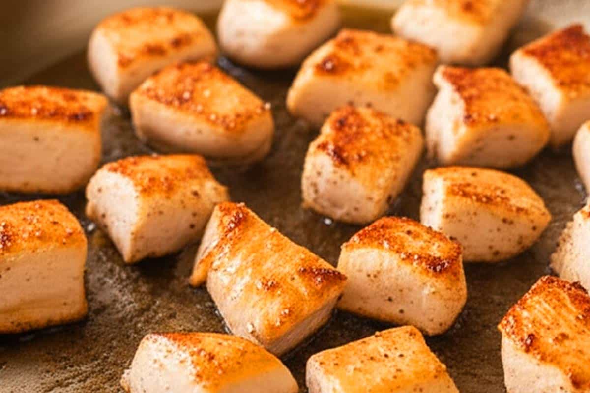 Cooking chicken in a large pan.