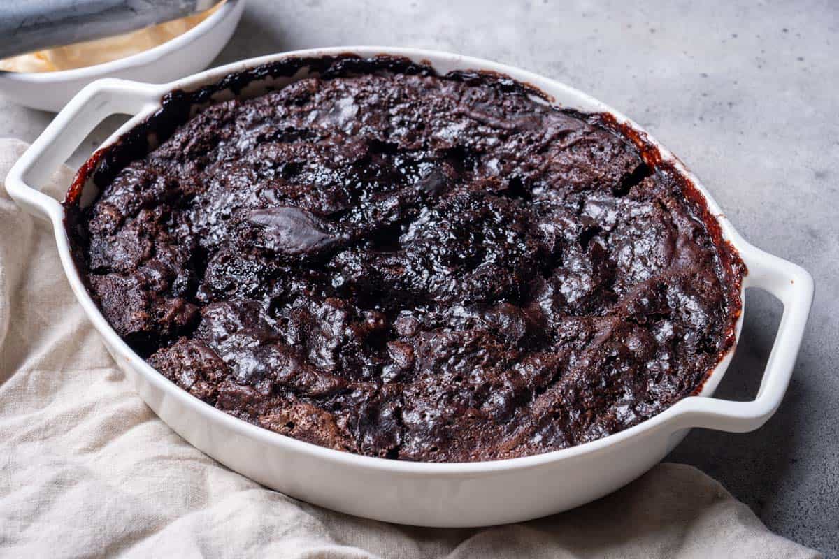 cooked hot fudge chocolate pudding cake close up