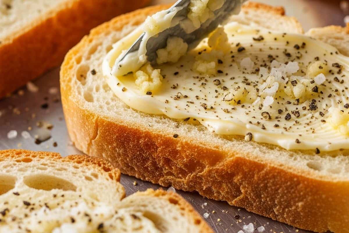 Spreading the butter and garlic over the bread and season with salt and pepper.