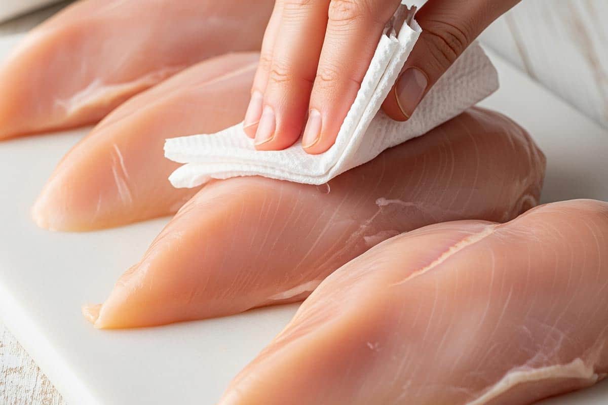 Patting the chicken dry using paper towel.