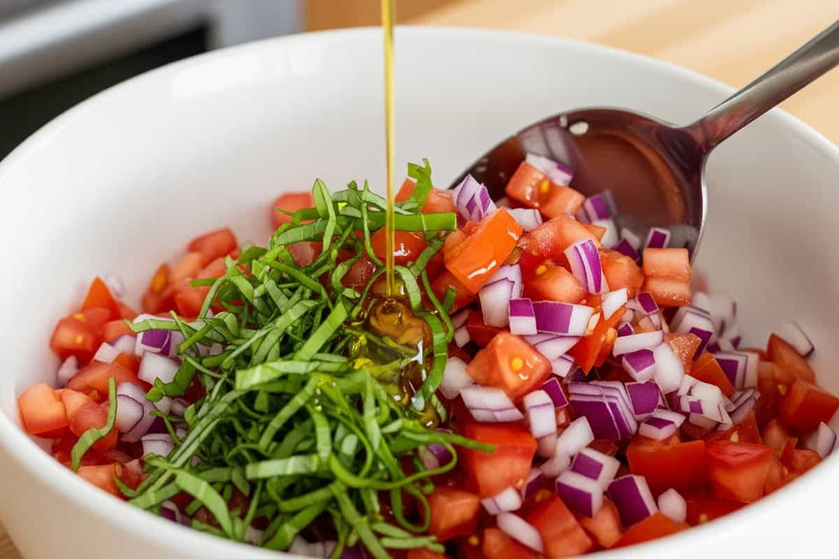 Roma tomatoes, red onion or garlic, basil, olive oil, and a pinch of salt in a bowl.
