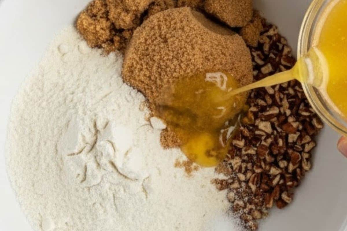 In another bowl, mix flour, brown sugar, melted butter, pecans, and salt until crumbly.
