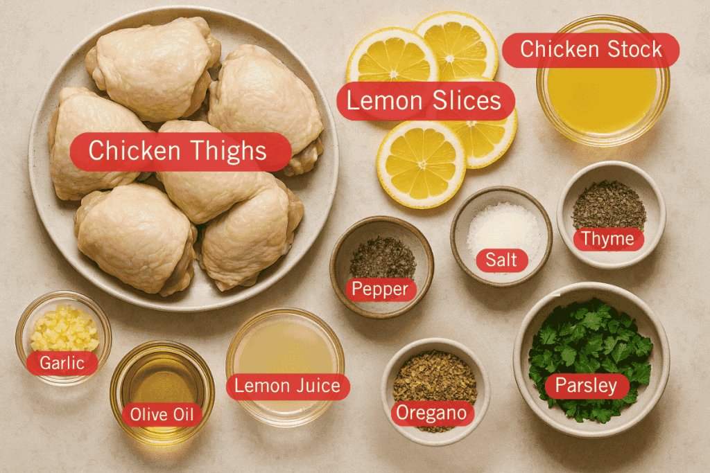 A labeled flatlay image of ingredients for lemon chicken. At the center is a plate of raw chicken thighs. Surrounding it are labeled bowls containing garlic, olive oil, lemon juice, oregano, parsley, thyme, salt, pepper, and chicken stock. At the top right are several fresh lemon slices, also labeled.