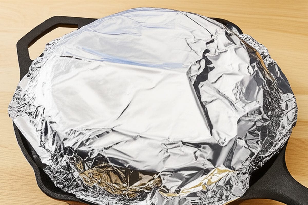 Skillet covered with foil.