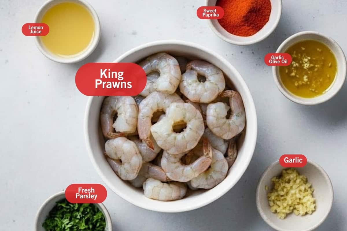 Flat lay photo of ingredient shot of lemon juice, Sweet paprika, garlic olive oil. king prawns, fresh parsley, garlic