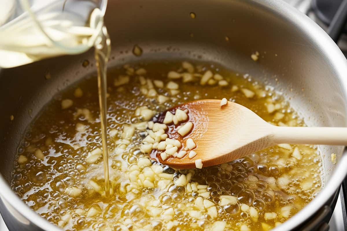 Garlic with melted butter in a saucepan with spoon and poured white wine.