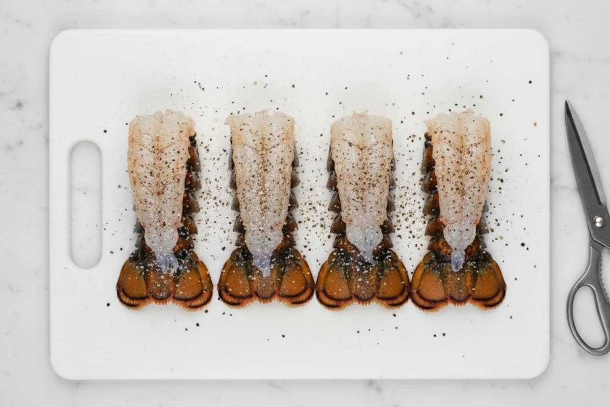 Sprinkled the lobster tails with salt and cracked pepper.