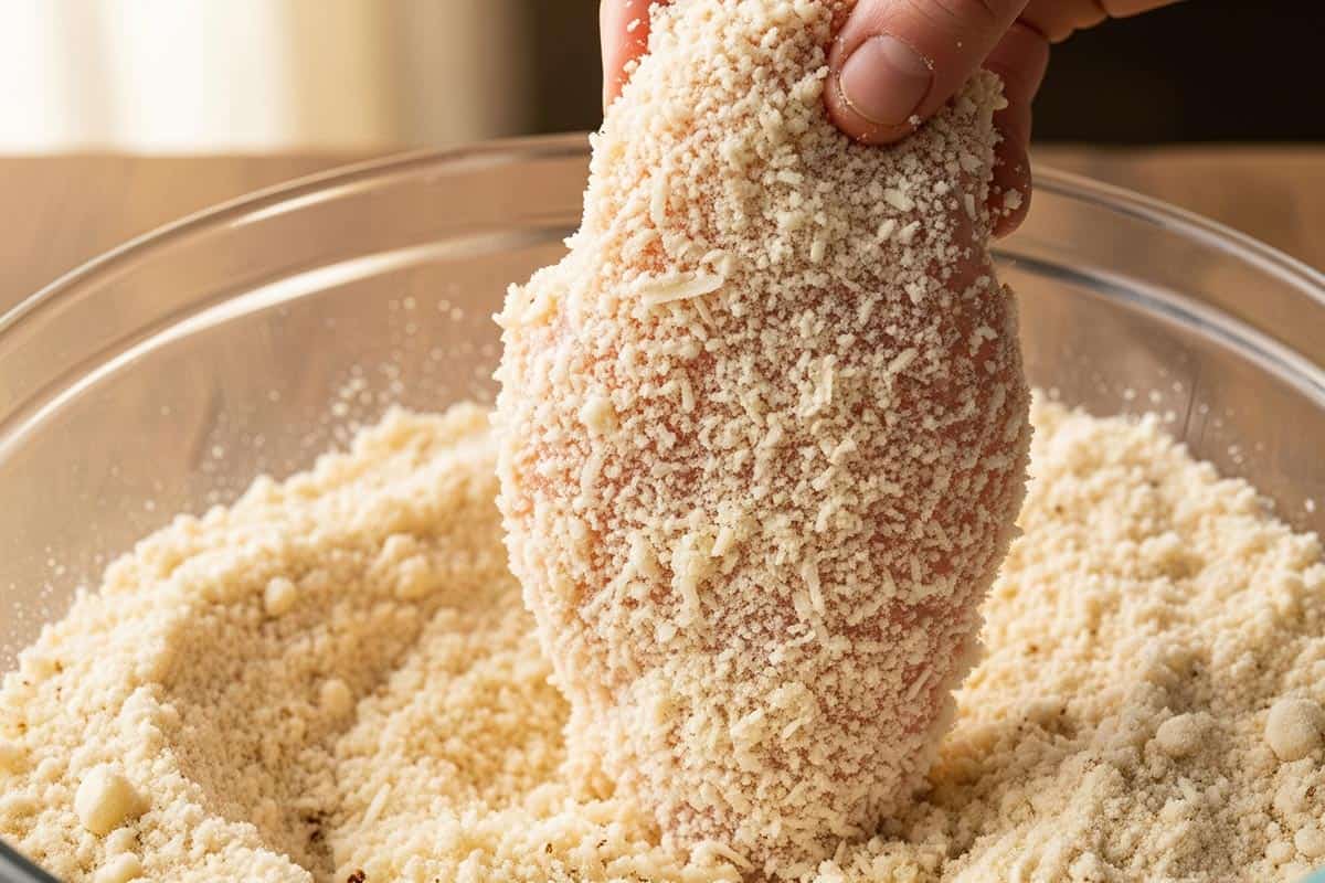 Dredging the chicken in the parmesan mixture.
