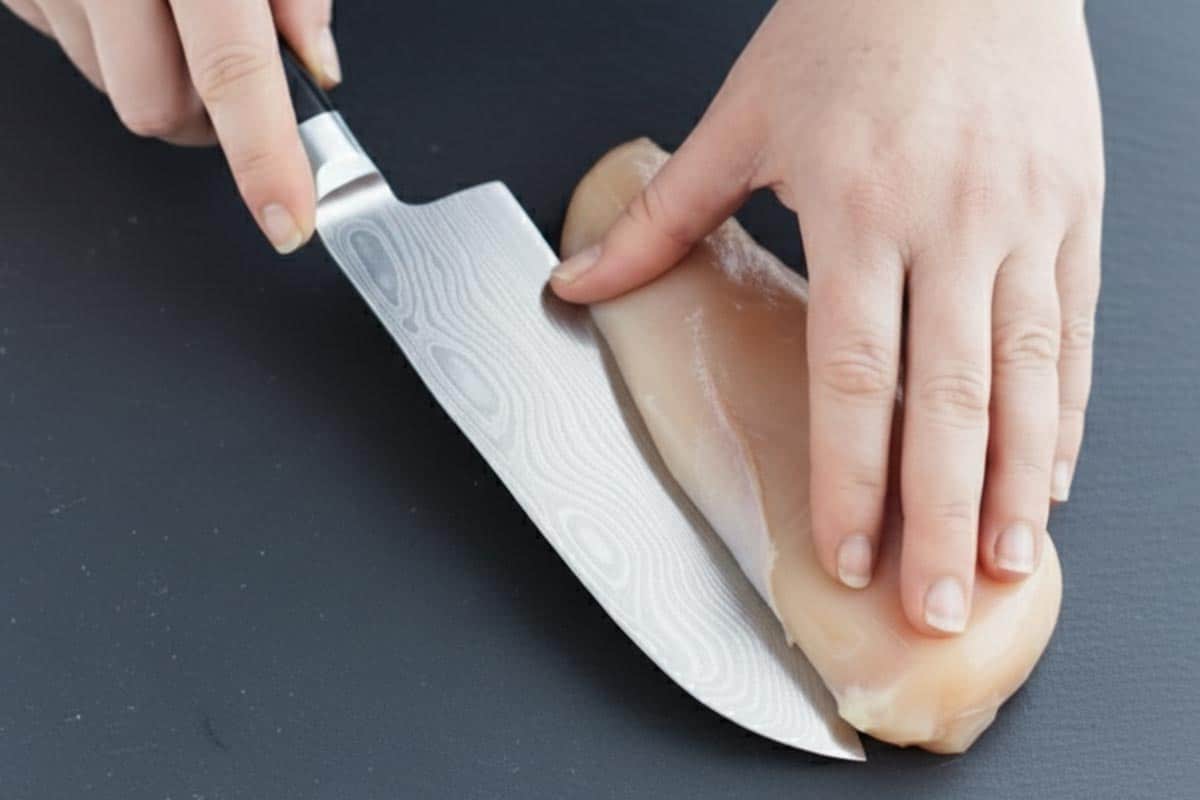 Slicing chicken breast in half horizontally.